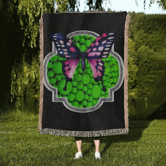 Purple Butterfly, Green Dots, Astrology Woven Blankets