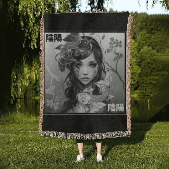Yin Yang Koi Fish Gothic Emo Japanese Cherry Bloss Woven Blankets
