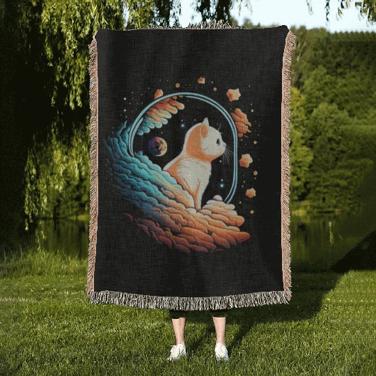 Astronaut Cat Space Cat on Galaxy Cat Lover Woven Blankets