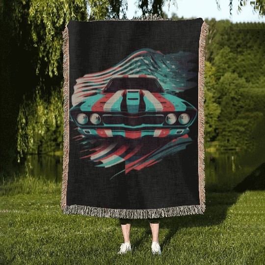 Muscle car american flag backround Woven Blankets