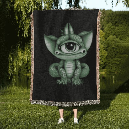 cute adorable one eyed dragon green Woven Blankets