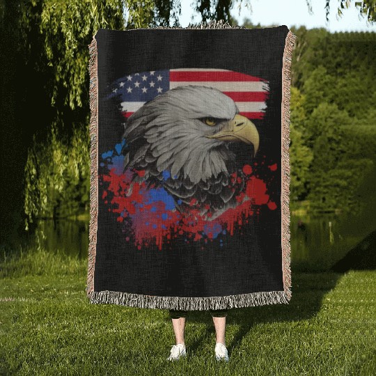 Bald Eagle Patriotic American Bird US Flag Woven Blankets