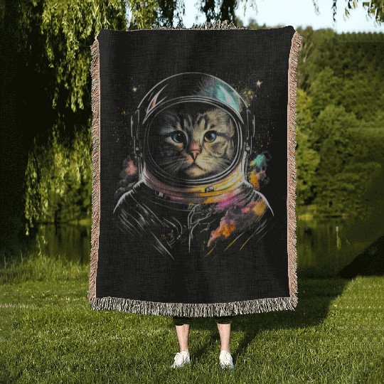 Space Cat on Galaxy Cat Lover Woven Blankets