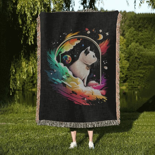 Space Cat on Galaxy Cat Lover Woven Blankets