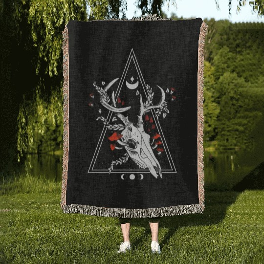 Gothic Deer Skull Moon Phase Witch Occult Woven Blankets