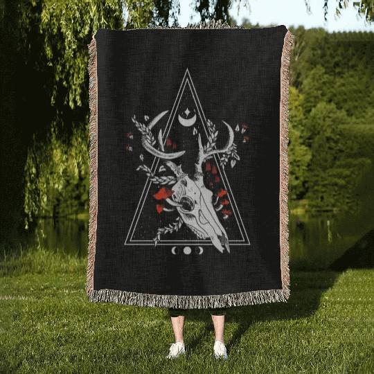 Gothic Deer Skull Moon Phase Witch Occult Woven Blankets