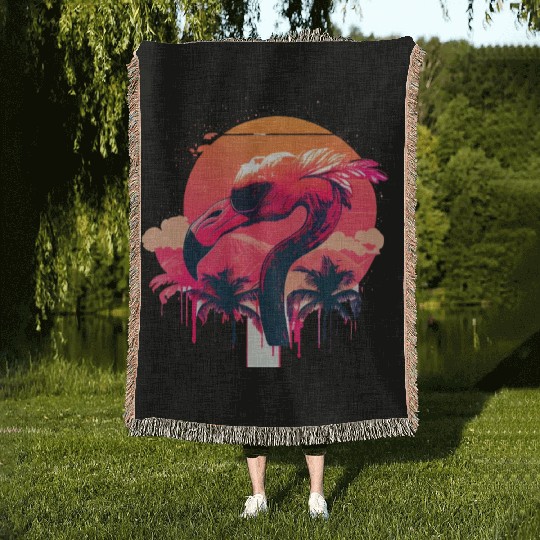 Retro Sunset Pink Flamingo Summer Design Flamingo Woven Blankets