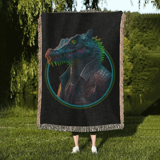 Neon punk crocodile in leather jacket Woven Blankets