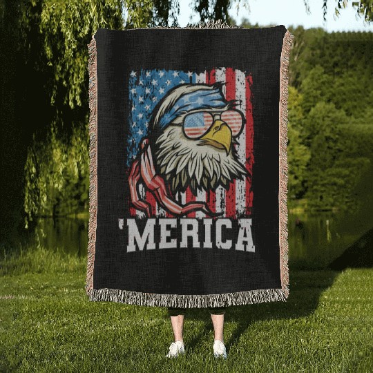 4th of July Bald Eagle USA Flag Patriotic Merica Woven Blankets