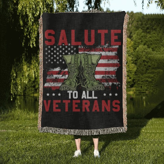 Salute To All Veterans Army Boots Patriotic US Fla Woven Blankets