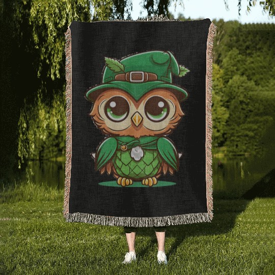 st patricks day owl wearing a hat Woven Blankets