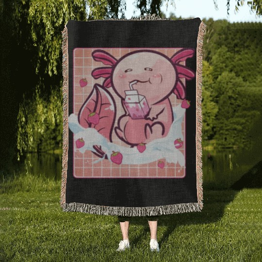 Kawaii Axolotl Strawberry Milk Shake Funny Sushi Woven Blankets