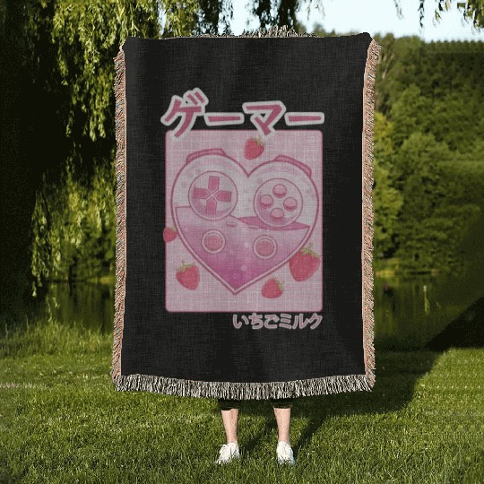 Video Gamer Japanese Kawaii Strawberry Milk Anime Woven Blankets