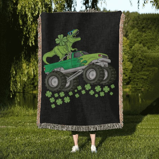 St Patricks Day Dinosaur T Rex Monster Truck Woven Blankets