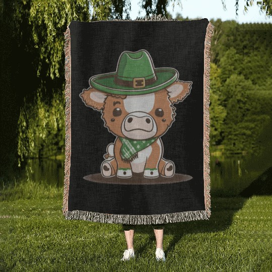 Kawaii cow with scarf St. Patrick's Day Woven Blankets