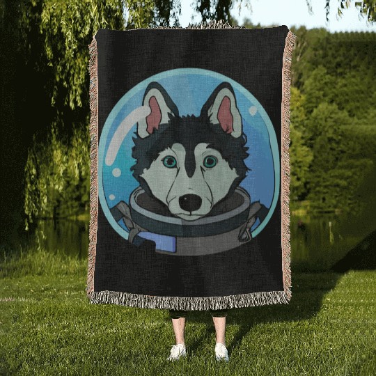 Husky Dog Cosmonaut Dog Lover Puppy Retro Woven Blankets