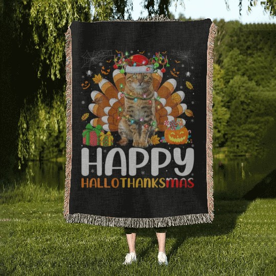 Cat Lover Halloween Christmas Happy Hallothanksmas Woven Blankets