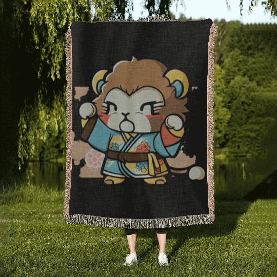 lion in kimono Woven Blankets