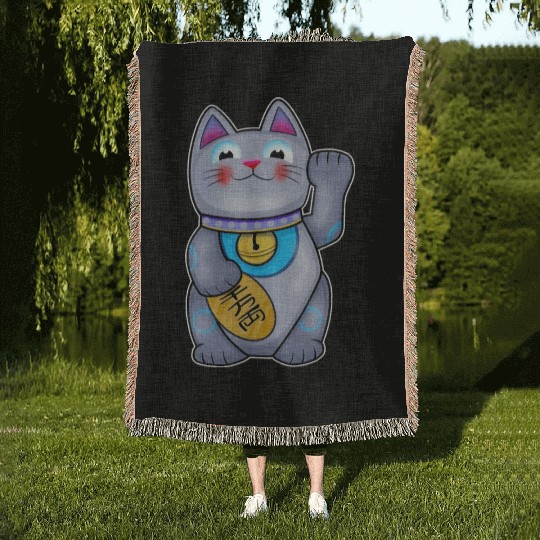 Cute Helpful Maneki Neko Lucky Cat Woven Blankets
