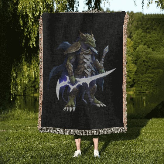 dragon holding a mystical sword Woven Blankets