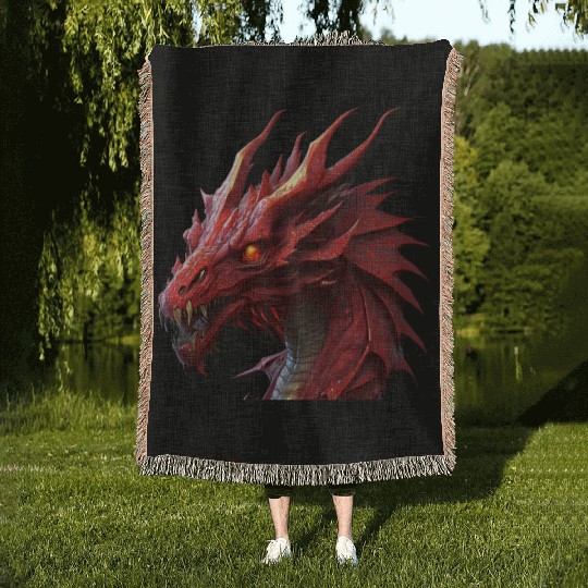 red fierce dragon Woven Blankets