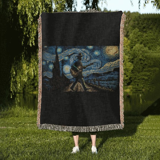 man walking with a guitar van gogh style Woven Blankets
