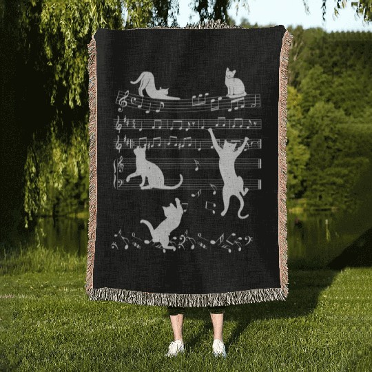 Music Lover Piano Cat Playing On Musical Notes Mus Woven Blankets