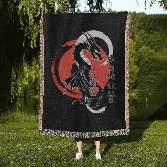 Black dragon, red moon Woven Blankets