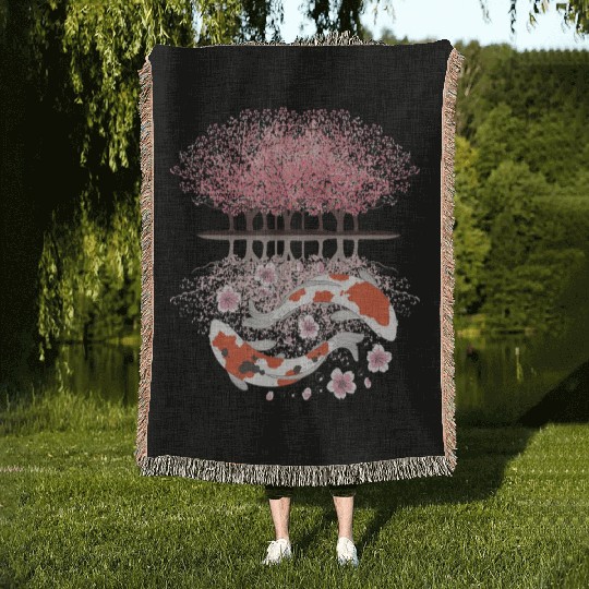 Koi Sakura Tree Upside Down Cherry Blossom Japanes Woven Blankets