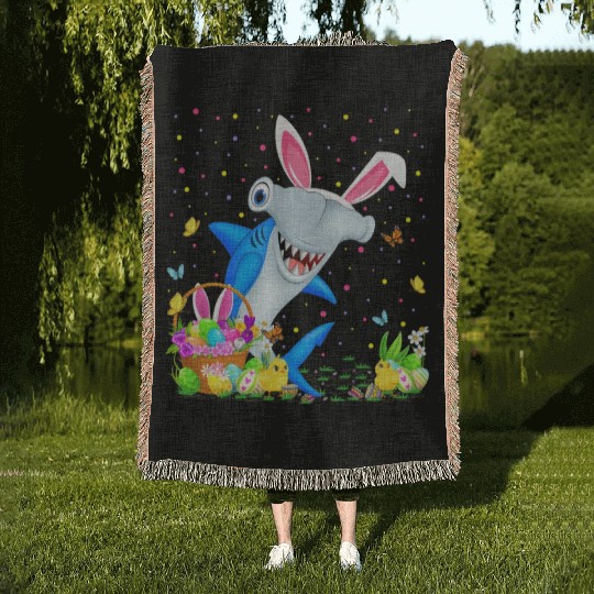 Shark Fish Easter Egg Hunting Hammerhead Shark Eas Woven Blankets