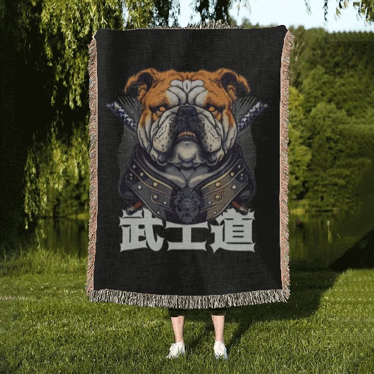 Japanese Samurai Bushido Bulldog Katana Pet Dog Woven Blankets