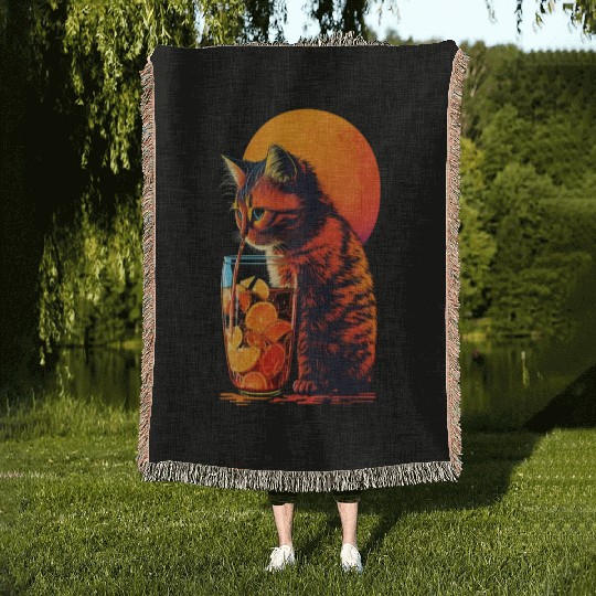 Funny Cat Drinking Cocktail Cat Lover Woven Blankets