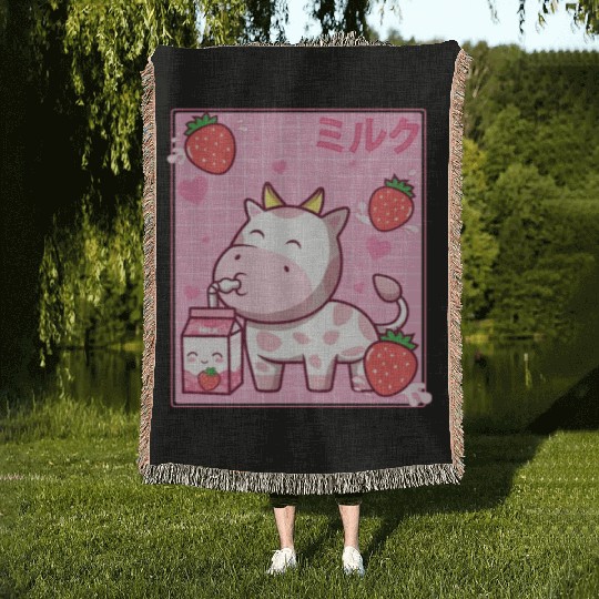 Kawaii Pink Strawberry Cow Milk Shake Otaku Anime Woven Blankets