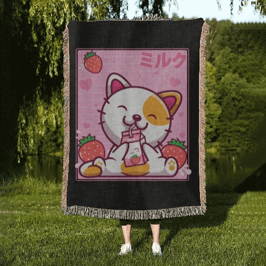Kawaii Kitten Cute Cat Strawberry Milk Shake Woven Blankets