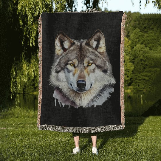 Watercolor Grey Wolf Portrait Woven Blankets