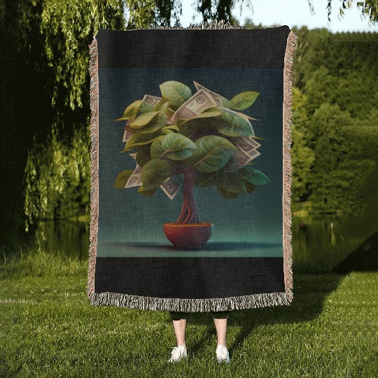 Plant in Flower Pot Money Tree - 3D Digital Art Woven Blankets