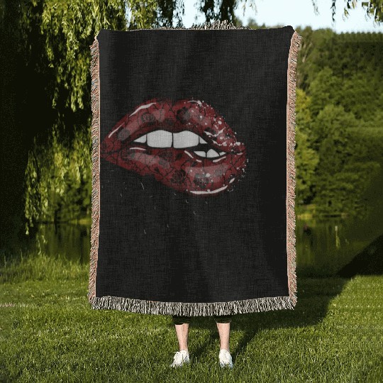 Gothic Red Lips Woven Blankets