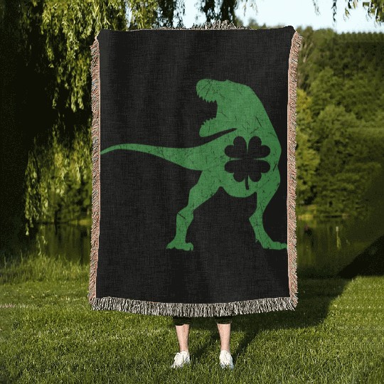 Tyrannosaurus T Rex Dinosaur St Patricks Day Irish Woven Blankets