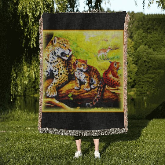 Jaguar Mom and Cubs Relaxing in Jungle. Buy Now Woven Blankets
