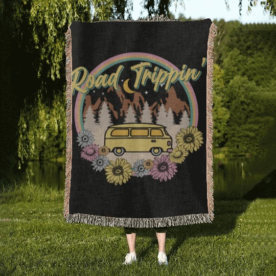Retro Groovy Road Trip Woven Blankets with Van Flowers
