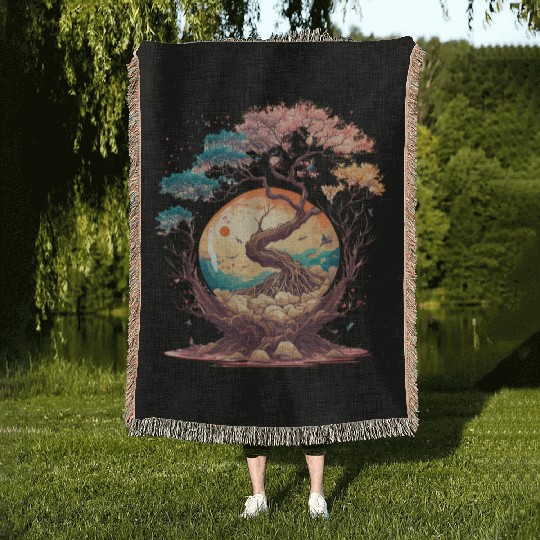 Japanese tree of life cherry blossom flowers Japan Woven Blankets