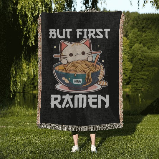 But First Ramen Cat Japanese Tokyo Ramen Noodles Woven Blankets