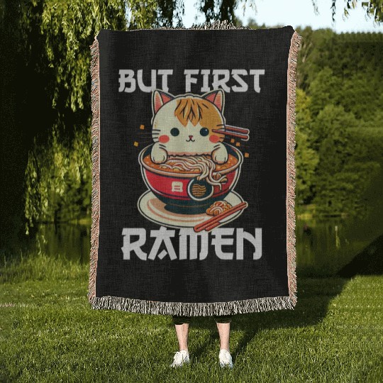 But First Ramen Cat Japanese Tokyo Ramen Noodles Woven Blankets