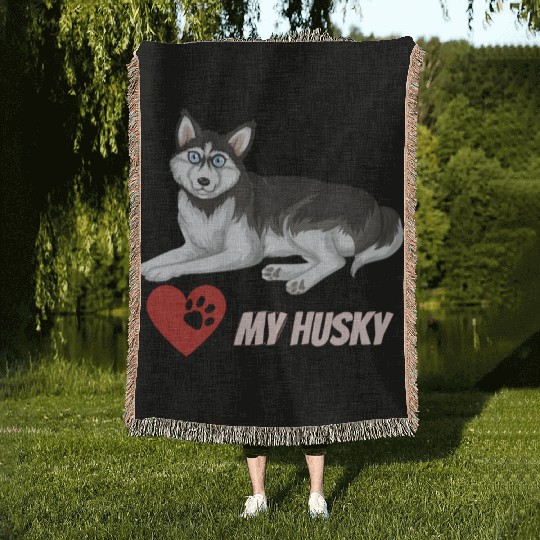 I Love My Husky Woven Blankets