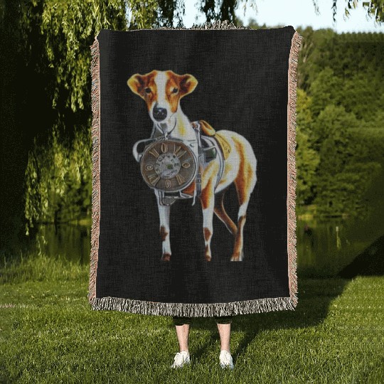 Brown White Greyhound Dog With Old Looking Clock Woven Blankets