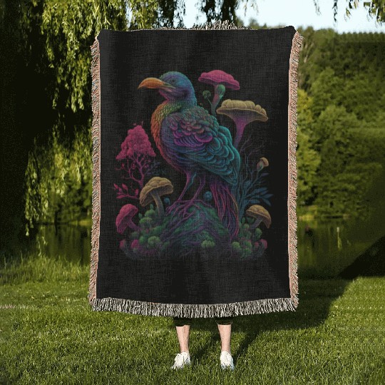trippy patterns psychedelic Mushroom phoenix bird Woven Blankets