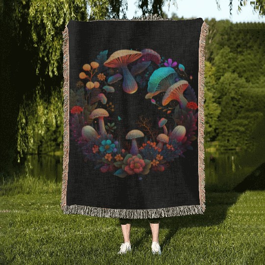psychedelic art trippy patterns mushroom Woven Blankets