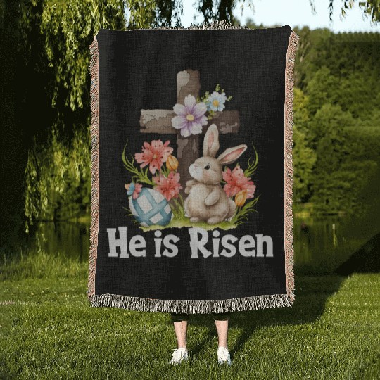 He Is Risen Cute Bunny Christianity Cross Woven Blankets