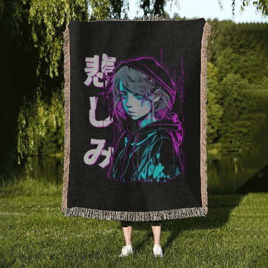 Sad Emo Anime Japanese Aesthetic Vaporwave Woven Blankets