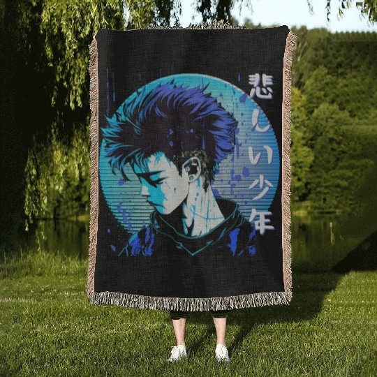 Sad Anime Boy Edgy Japanese Vaporwave Urban Street Woven Blankets